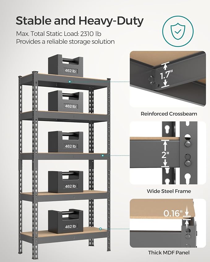 SONGMICS 5-Tier Storage Shelves, Load 2310 lb, Garage Storage, Boltless Assembly - Image 4