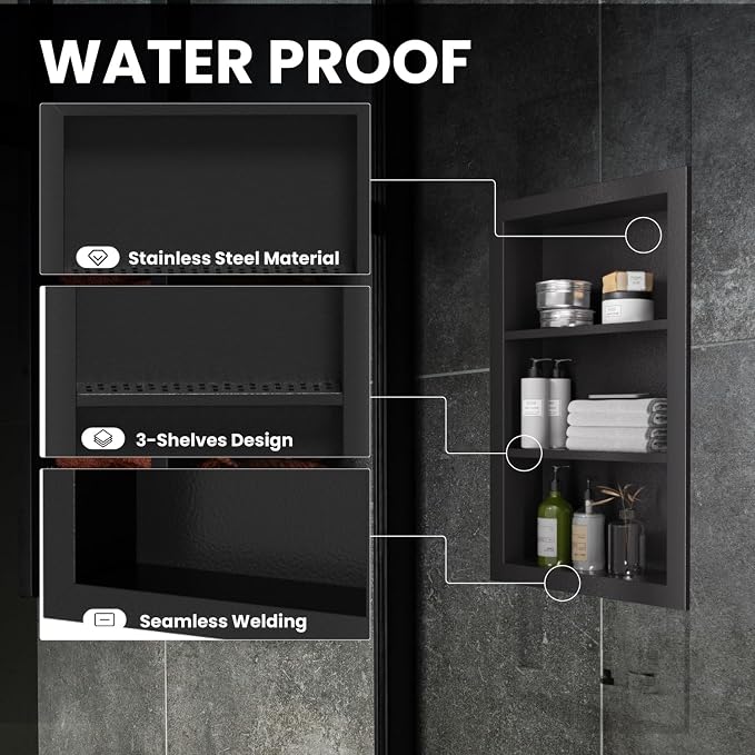 14" x 24" Stainless Steel Shower Niche, 3-Tier Waterproof Shelves, No-Tile - Image 4