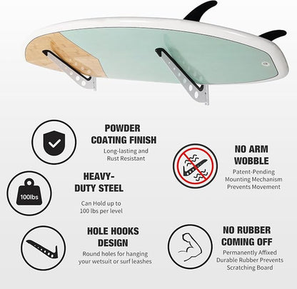 1 Board Surf Rack Wall Mount for Surfboard, Snowboard Storage Adjustable Wall - Image 3