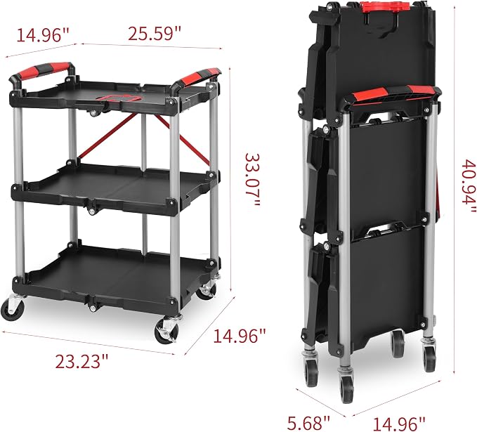 【Foldable Utility Cart with 3 Shelves】 Heavy Duty Plastic Rolling Cart - Image 4