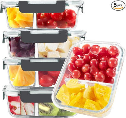 BAYZZ 5 Pack 35 Oz Glass Meal Prep Containers 2 Compartments, Glass Storage by BAYZZ