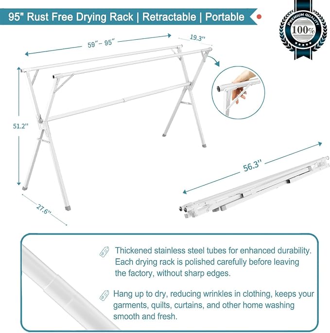 JAUREE 95 Inches Clothes Drying Rack, Drying Rack Clothing Folding Indoor - Image 3