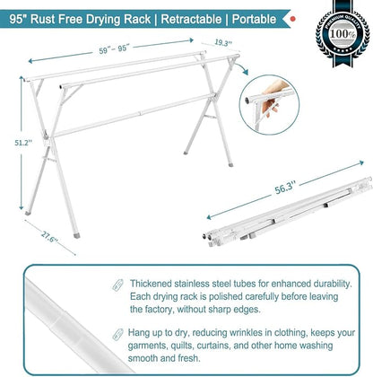 JAUREE 95 Inches Clothes Drying Rack, Drying Rack Clothing Folding Indoor - Image 3