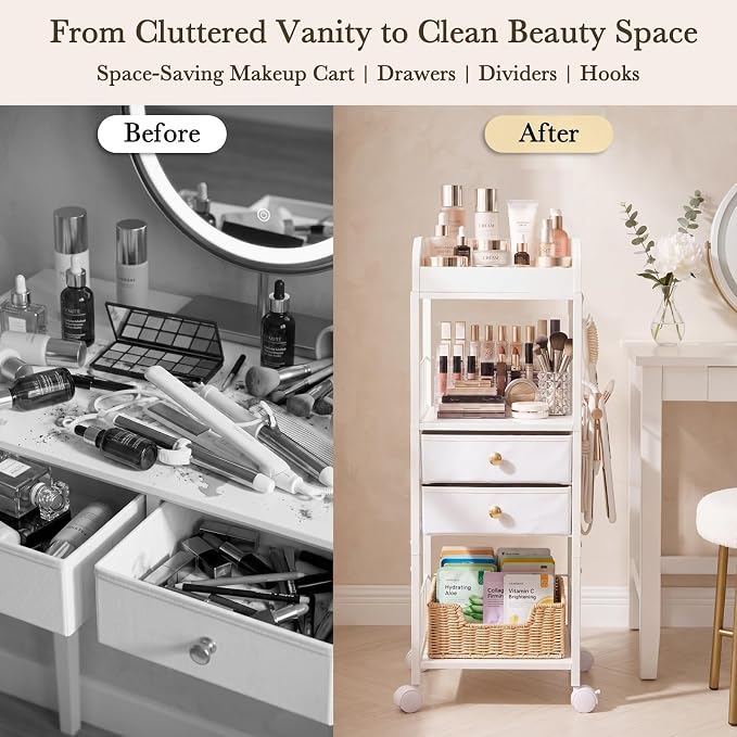 Makeup Organizer Cart with Drawers & 8 Dividers, Rolling Beauty Cart with Hooks - Image 4