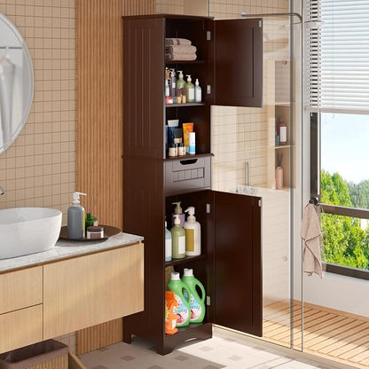 Gizoon 67” H Tall Bathroom Storage Cabinet, Narrow Cabinet, Dark Brown | Towel - Image 5