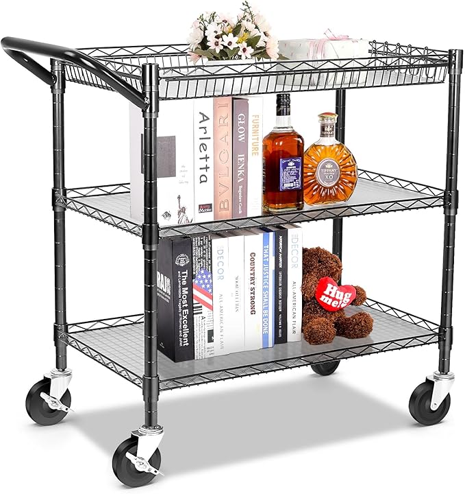 YNN Black Utility Rolling Cart, 990Lbs 3 Tier Heavy Duty Metal Cart by YNN