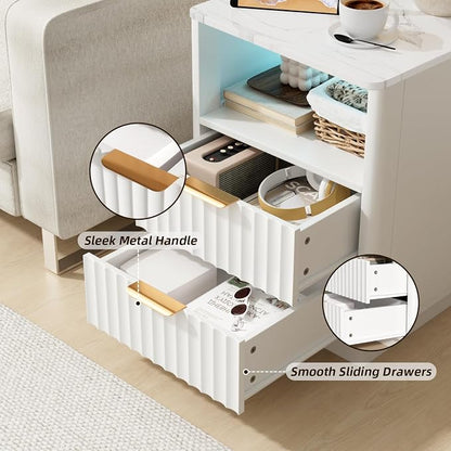 VOWNER Fluted Nightstand with Charging Station, 18” Night Stand with 2 Drawers - Image 6