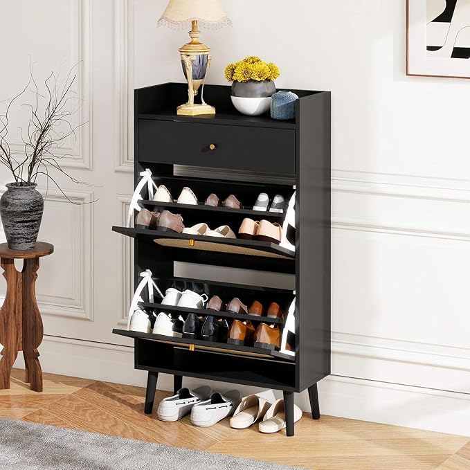 9.4" Ultra Slim Black Shoe Storage Organizer Set of 2 Arched Rattan Shoe Cabinet - Image 4