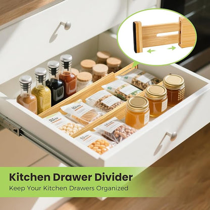 Fyvva Drawer Divider, Adjustable Bamboo Kitchen Drawer Organizer, Spring Loaded - Image 4