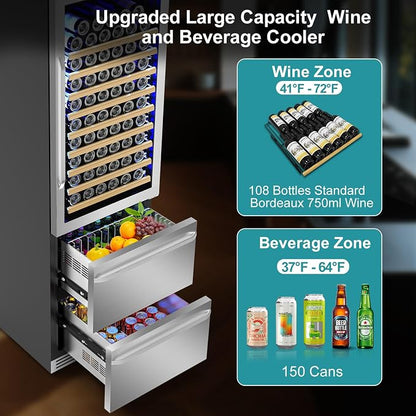 24 Inch Wine and Beverage Refrigerator, 2 IN 1 Dual Zone Drawer Beverage Fridge - Image 2