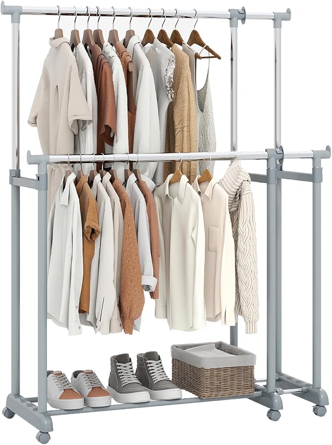 COSTWAY Double Rod Clothing Rack, Heavy-Duty Metal Garment Rack by COSTWAY