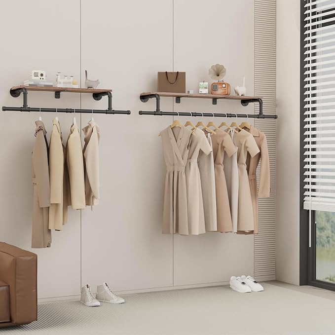 Wall Mounted Garment Rack with Top Shelf, Space Saver Industrial Pipe Clothes - Image 5