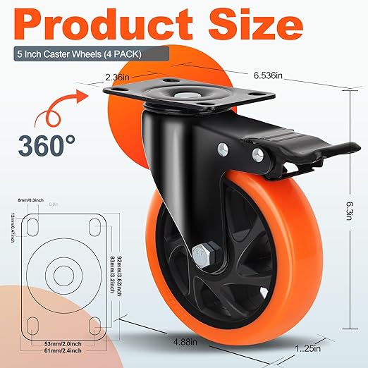 QNCZ Caster Wheels, 5 Inch Heavy Duty Casters Set of 4, Silent Industrial - Image 2