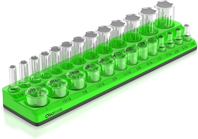 Olsa Tools Magnetic Socket Organizer | 3/8-inch Drive | SAE | Green | Holds 26 by OlsaTools