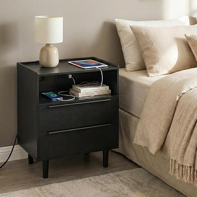 26" Tall Black Nightstand with Charging Station, 2 Drawer Contemporary Modern - Image 4