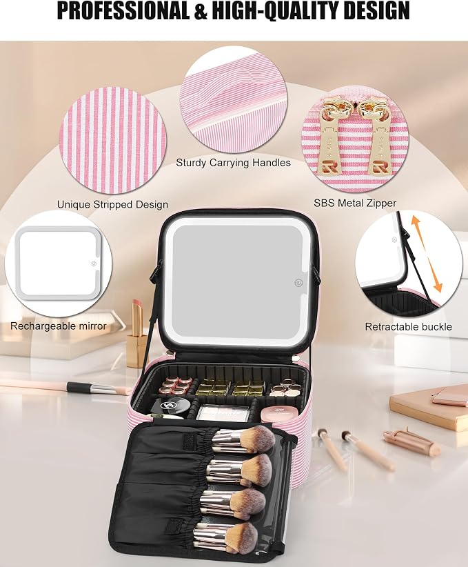 Relavel Travel Makeup Bag With LED Mirror, Portable Cosmetic Bag Organizer with - Image 5