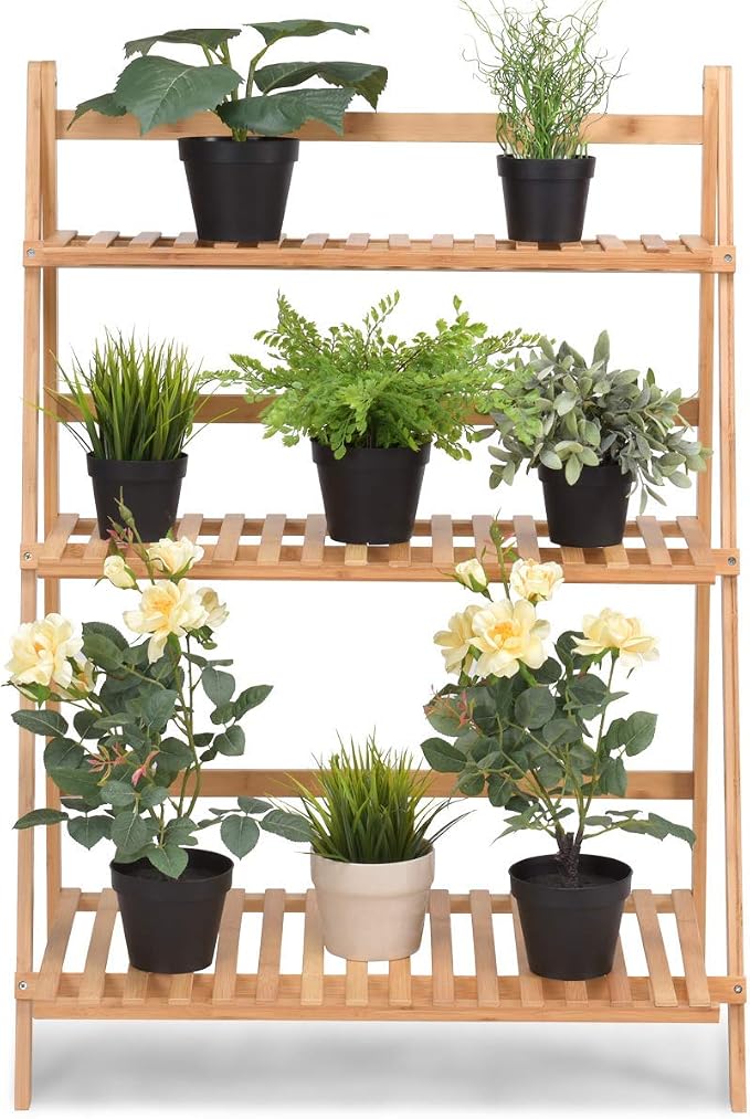 3-Tier Bamboo Plant Flower Stand Rack Shelf, Foldable Planter Racks, Pot - Image 4