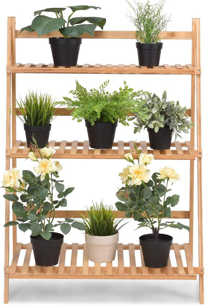 3-Tier Bamboo Plant Flower Stand Rack Shelf, Foldable Planter Racks, Pot - Image 4