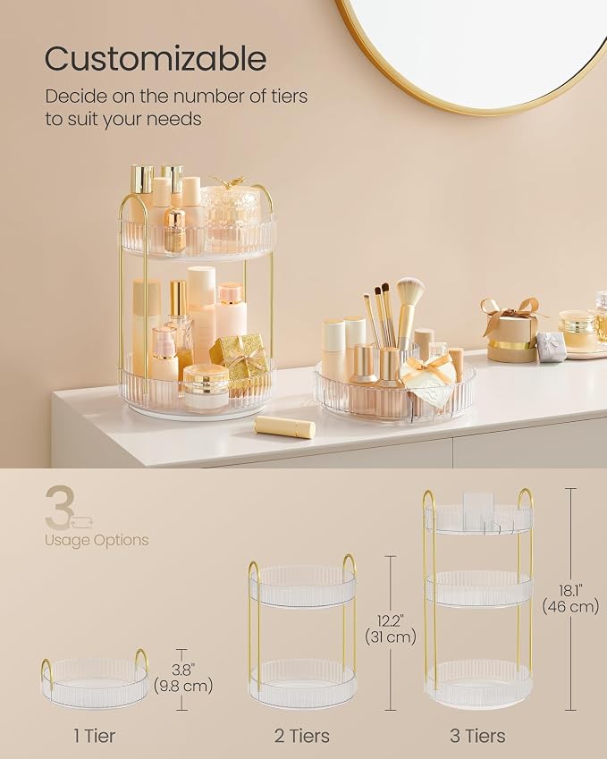 SONGMICS Makeup Organizer, 3-Tier Round Rotating Skincare Organizer Countertop - Image 4