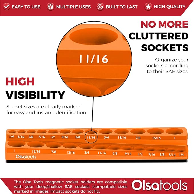 Olsa Tools Magnetic Socket Organizer | 3/8-inch drive | SAE Orange | Holds 26 - Image 2