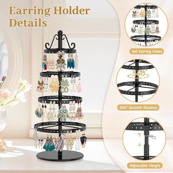MODOWEY Rotating Earring Holder Organizer Stand, 4 Tier Adjustable Metal - Image 4