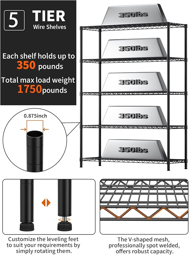 5 Tier Adjustable Storage Shelves Heavy Duty Metal Utility Shelf 1750LBS - Image 5