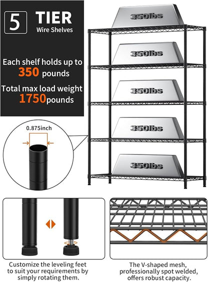 5 Tier Adjustable Storage Shelves Heavy Duty Metal Utility Shelf 1750LBS - Image 5