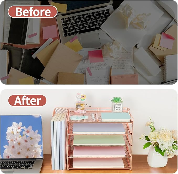 AUPSEN Rose Gold Desk Accessories Organizer, 5-Tier Desktop Paper File Organizer - Image 3