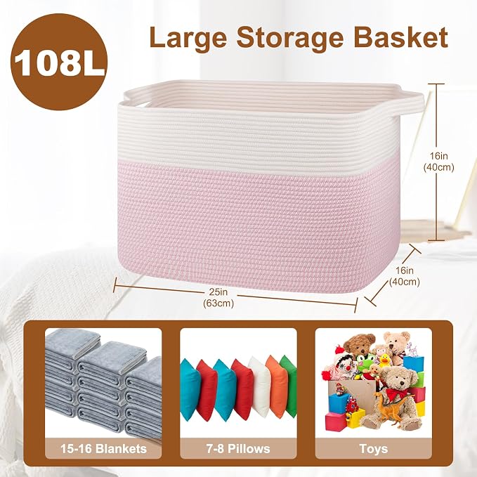 XXXL Large Blanket Basket, 108L Cotton Rope Storage Basket - Image 3