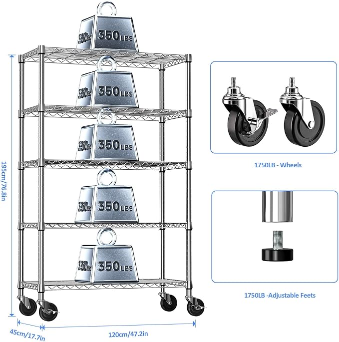 Garage Shelving Unit with Wheels, 48” Heavy Duty Metal Storage Shelf Rack | - Image 3