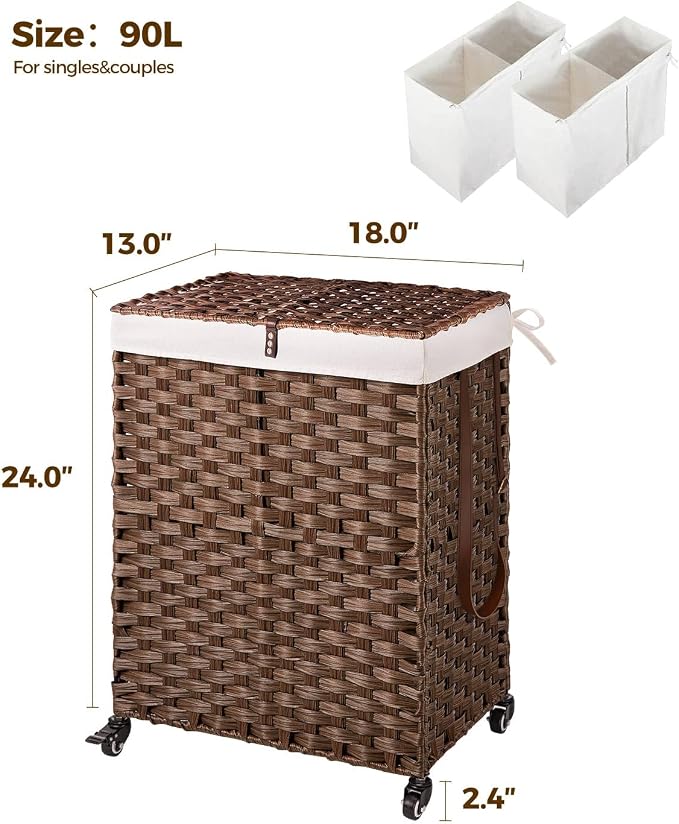 Greenstell Laundry Hamper with Wheels, No Install Needed, 90L Divided Handwoven - Image 6