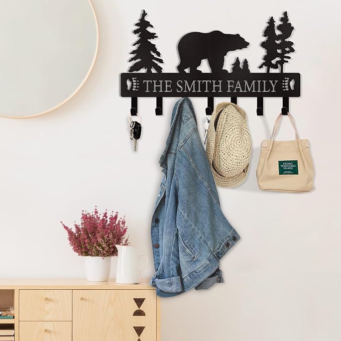 Personalized Key Holder for Wall, Custom Metal Black Bear Coat Hook Key Holder - Image 3