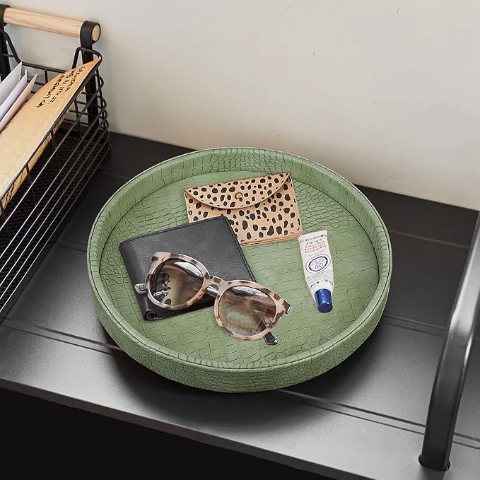 HofferRuffer Faux Leather Round Serving Tray, Vegan Croco Leather Decorative - Image 5