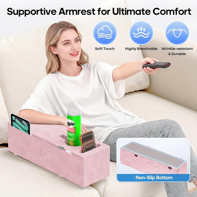 Sofa Armrest Couch Caddy with Cup Holder, Removable Couch Armrest Table Pillow - Image 2
