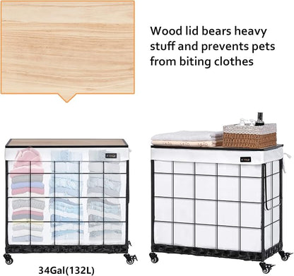 Laundry Hamper with Heavy Duty Caster Wheels; 3 Sections Clothes Hamper with - Image 5