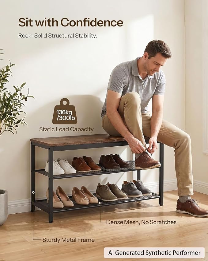 HOOBRO Shoe Bench, 3-Tier Shoe Rack, Industrial Shoe Organizer Storage Bench - Image 5
