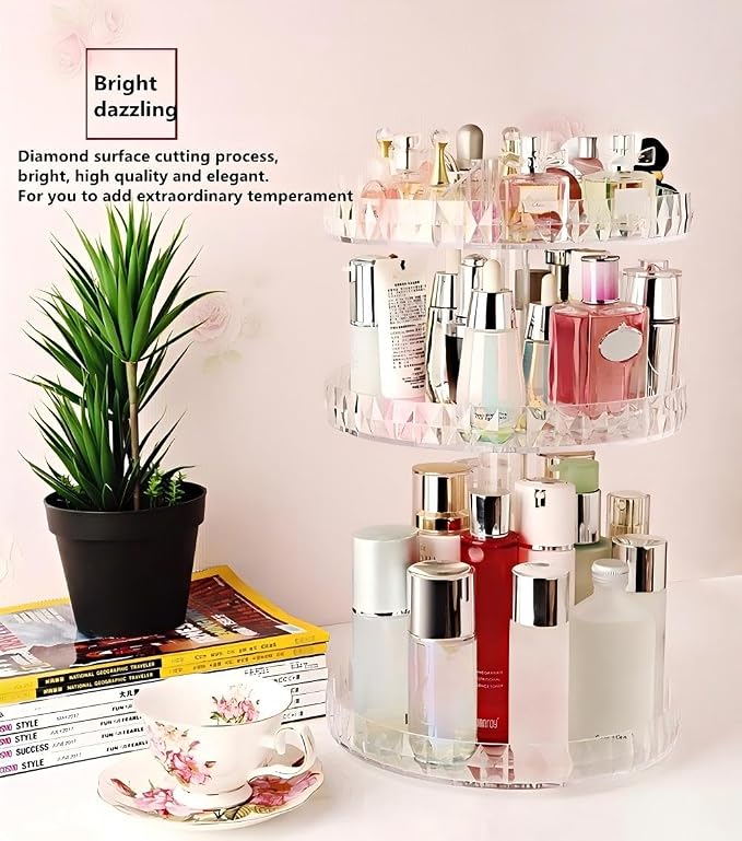 Diamond Pattern Three Layers Perfume Organizer, 360 Rotating Diamond Cosmetic - Image 2