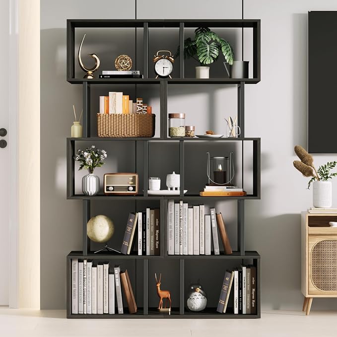 Furologee 6 Tier Bookshelf Tall Geometric Bookcase, S Shaped Industrial Display - Image 2