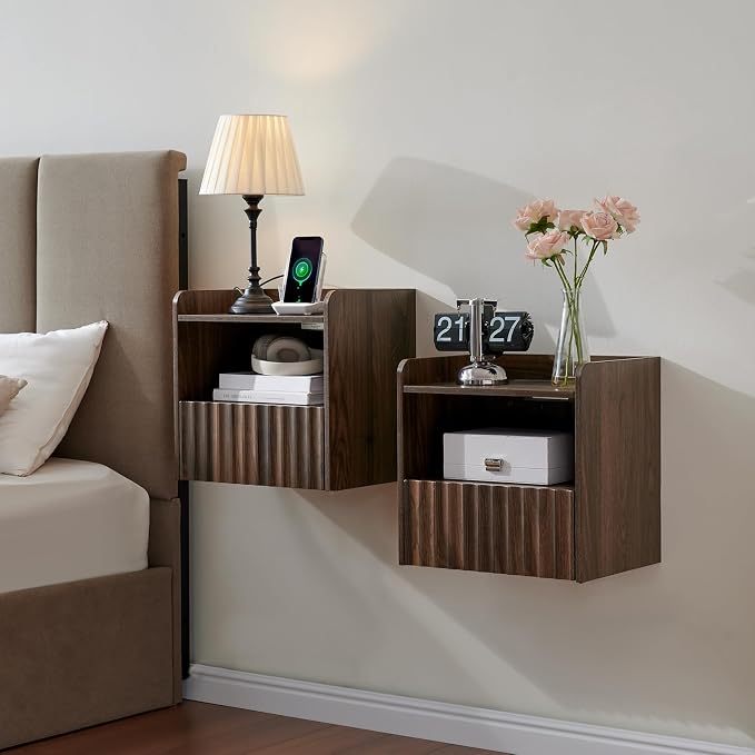 Modern Fluted Floating Nightstand Wall Mounted Set of 2- Bedside Table by BuildHom