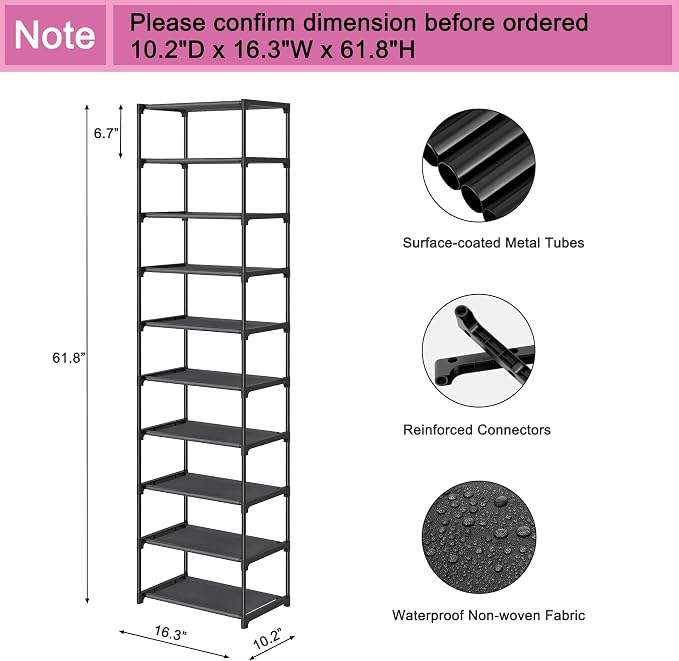 Autonomier 10 Tier Tall Shoe Rack, Non-Woven Fabrics Compact Narrow Shoe Stand - Image 3