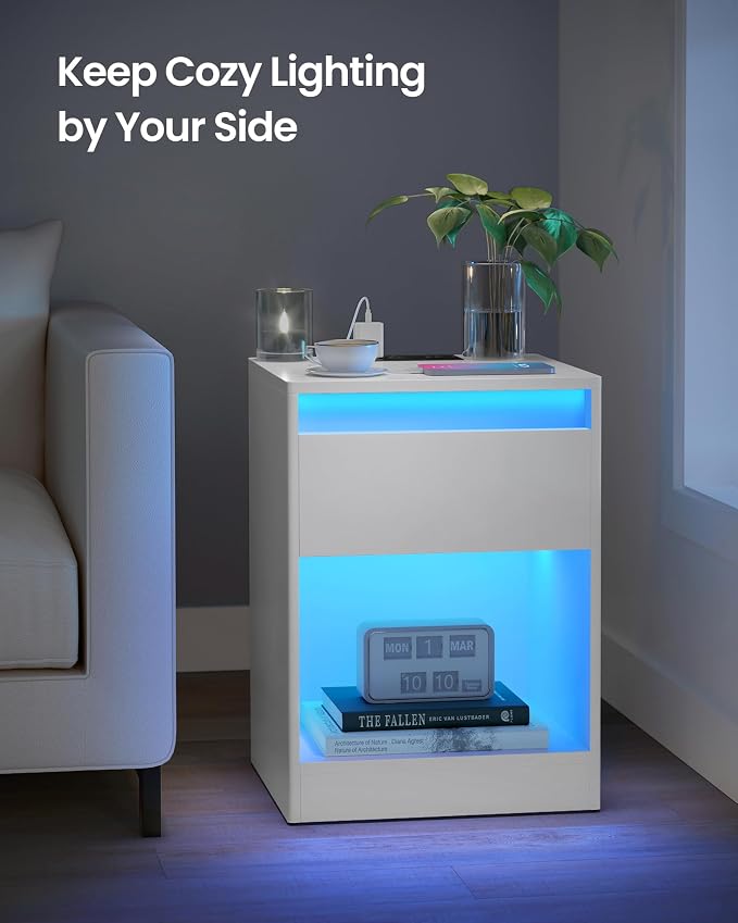 VASAGLE LED Nightstand with Charging Station, Adjustable Light Colors, 2 AC - Image 9