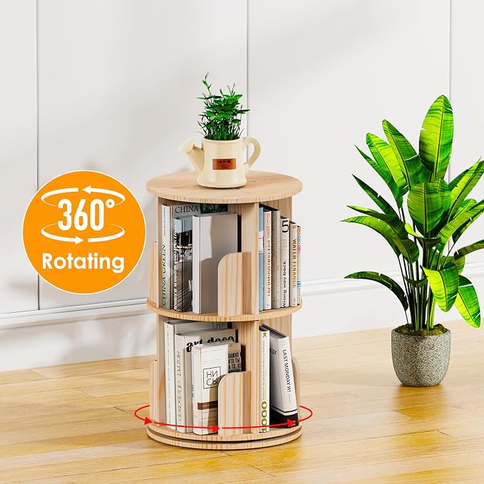 Kinembold Small Rotating Bookshelf, 2 Tier Revolving Bookcase 360 Display Round - Image 3