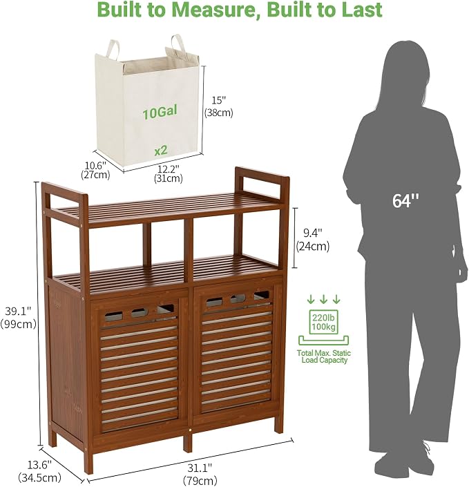 Homykic Tilt Out Laundry Hamper Cabinet, Bamboo Double Laundry Hamper - Image 7
