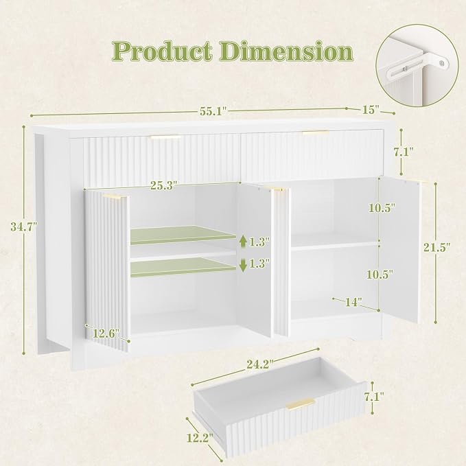 Cyclysio 55" Fluted Sideboard Buffet Cabinet - Image 3