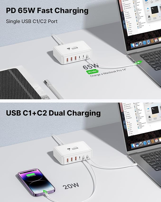USB C Fast Charger, 100W GaN 6 Port USB C Fast Charging Station Hub Block Cube - Image 4