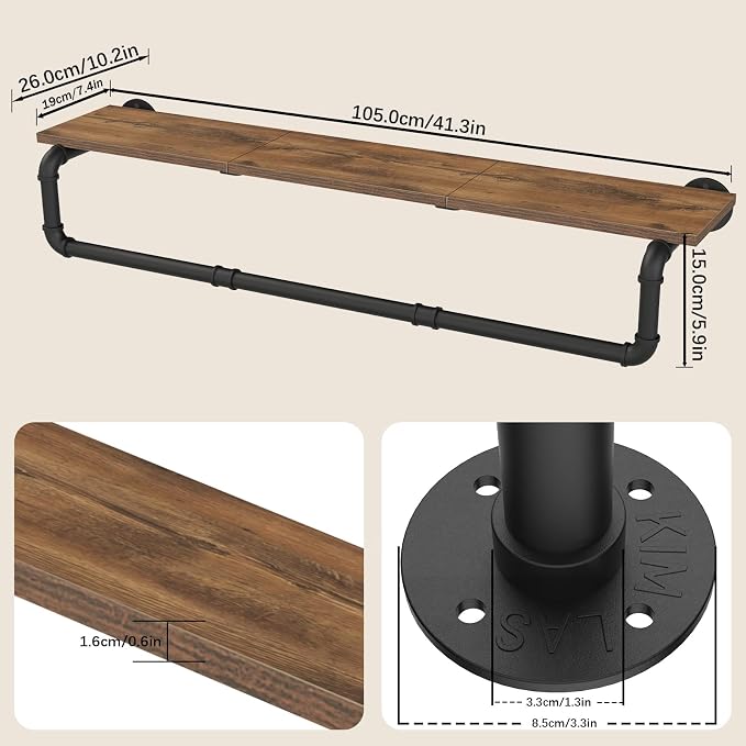 Industrial Pipe Clothes Rack, Wall Mounted Garment Rack, Heavy Duty Iron Shelf - Image 3