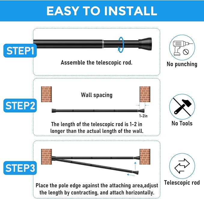 Spring Tension Curtain Rod 30 to 64 Inch, Adjustable Curtain Rods No Drilling - Image 7