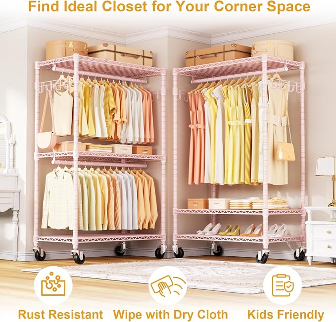 P1 Rolling Closets with Wheels and Shelves, Portable Closet Wardrobe - Image 7
