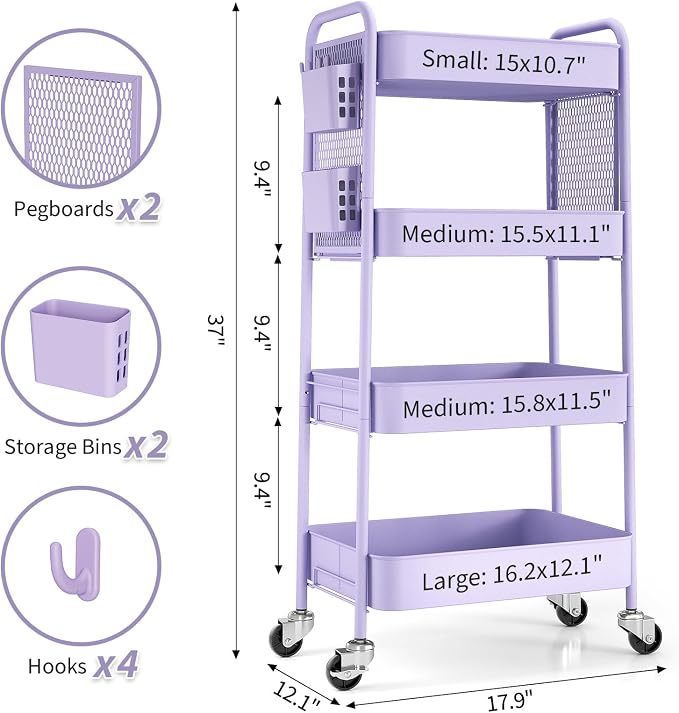 TOOLF 4 Tier Rolling Cart with Pegboard, Metal Storage Organizer Cart with - Image 9