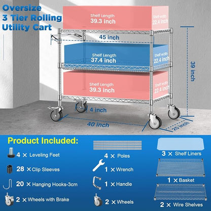 Leteuke 1120LBS Heavy Duty Rolling Utility Cart, 3 Tier Rolling Carts - Image 6